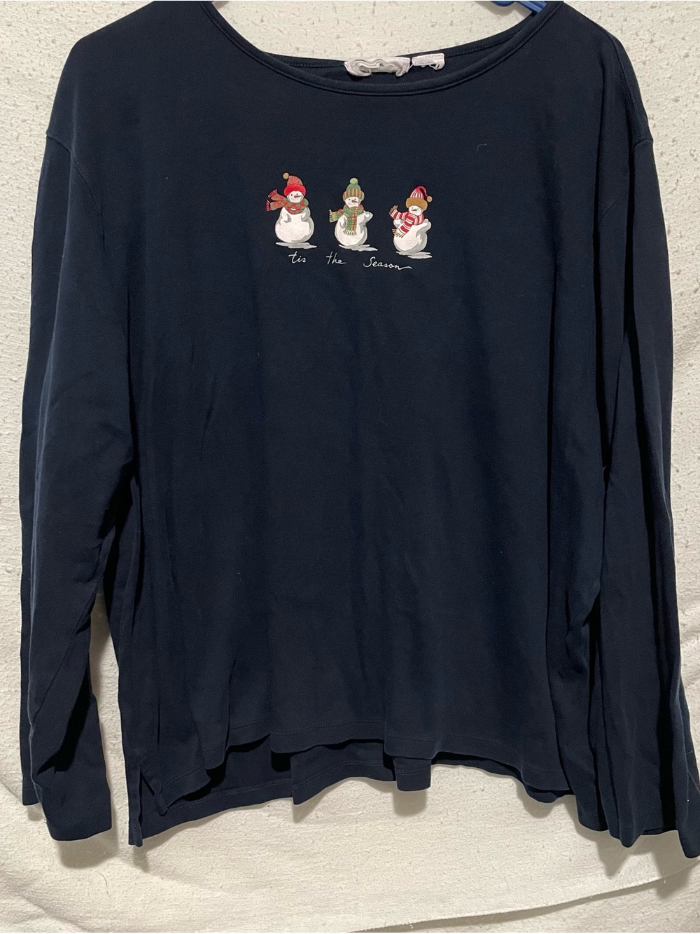 Women’s Navy Long-Sleeve Crewneck Sweater with Snowman Motif